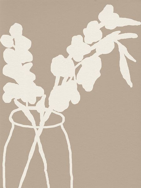 Gladioli in vase. White and taupe botanical art. by Dina Dankers