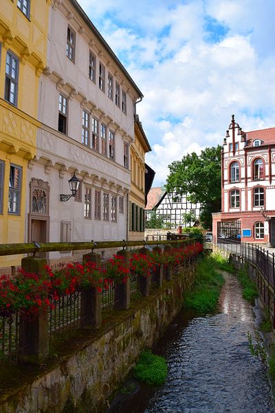 Fachwerkhäuser an einem Fluss in Deutschland an einem sonnigen Sommertag - heiteres Bild jahrhundertealter Architektur von Studio LE-gals