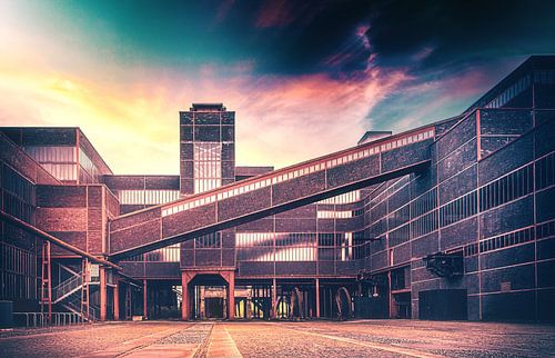 Erfgoed van de kolenmijn Zollverein onder dramatische hemel - Staalproduct in het Ruhrgebied
