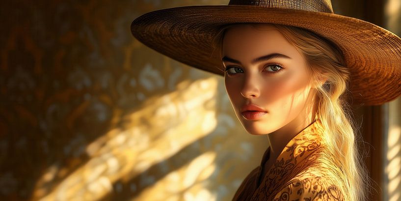 Radiant Beauty in Sunlit Hat Canvas by Beeld Creaties Ed Steenhoek | Photography and Artificial Images