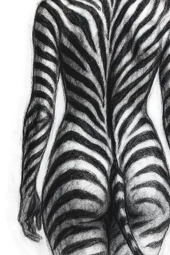 Zwart wit gestreept zebra vrouwen lichaam (AI) (bodypainting, bloot, naakt, billen, rug, staart, slaapkamer kunst)
