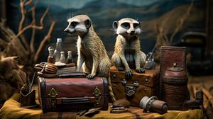 Illustration photoréaliste humoristique de deux suricates en voyage