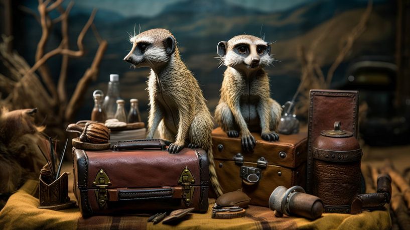 Humorous photorealistic illustration of two travelling meerkats by Beeld Creaties Ed Steenhoek | Photography and Artificial Images