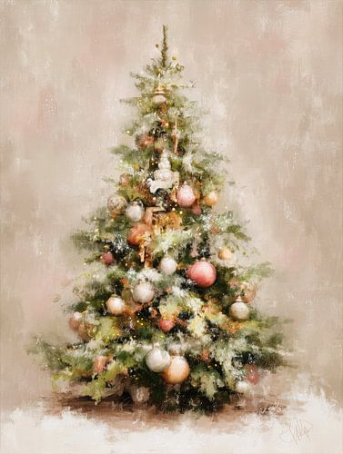 Stimmungsvoll bemalter Weihnachtsbaum mit warmen Ornamenten in sanften Pastelltönen