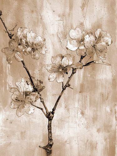 Japandi Kunst. Kersenbloesem in rustige sepia tinten