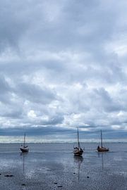 Boats on the dry Wadden Ameland in color and portrait mode
