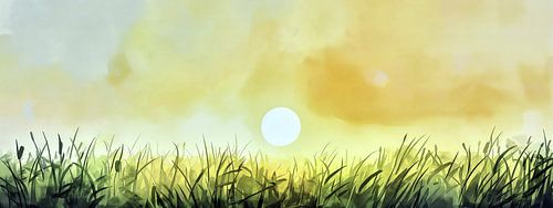 Aquarel zonsondergang over een grasveld