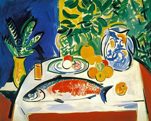 Modern semi-abstract eetkamer schilderij met vis