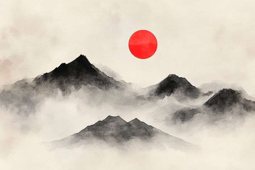 Mountain landscape with red sun by Poster Art Shop