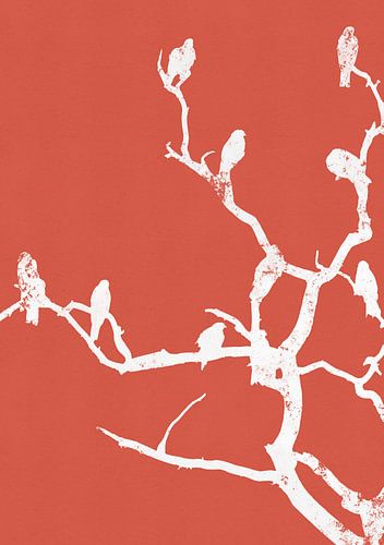 silhouette vogels op een tak - bloedkoraal rood