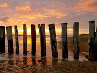 Brise-lames / têtes de pont Zoutelande avec coucher de soleil