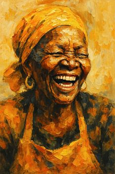 De kracht van een glimlach (Lachende oude Afrikaanse oma vrouw met kookschort schilderij)