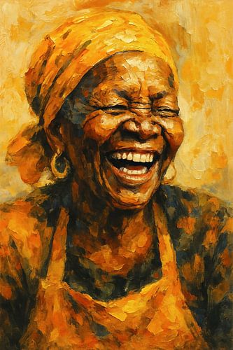 De kracht van een glimlach (Lachende oude Afrikaanse oma vrouw met kookschort schilderij)