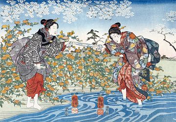 Japanse meisjes bij de rivier Ide Tama, Utagawa Kuniyoshi