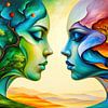 Abstraction surréaliste entre terre et ciel - La fusion silencieuse de deux visages féminins dans un paysage onirique surréaliste de nature, d'éléments et d'émotions sur AidasignArt