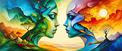 Surrealistische abstractie tussen aarde en lucht - de stille samensmelting van twee vrouwelijke gezichten in een surrealistisch droomlandschap van natuur, elementen en emoties