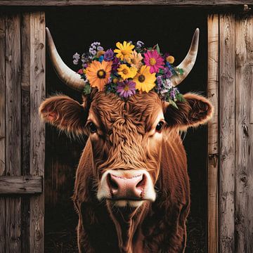 Hooglandse koe met kleurrijke bloemdecoraties in de stal van MArt