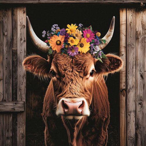 Highland cow with colourful floral decorations in the barn