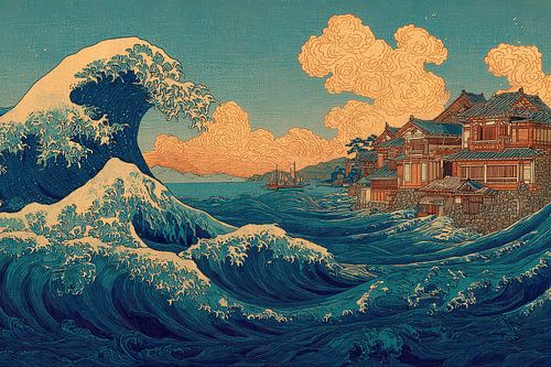 japanse kunst golven aan de kust met huizen