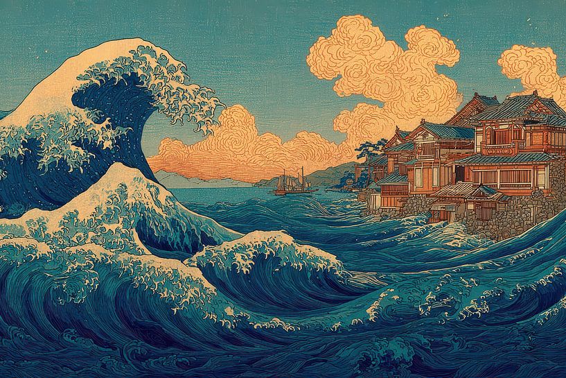 japanische kunst wellen an der küste mit häusern von Egon Zitter