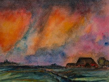 Evening glow above the farmyard