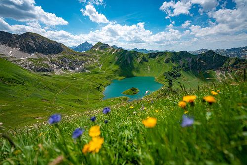 Bloemrijk uitzicht op de Schrecksee en de Hochvogelberg