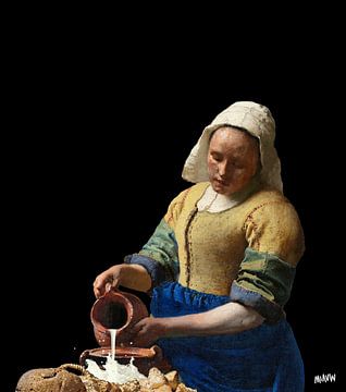 Vermeer Milkmaid as Milk Spilling Girl - pop art black by Miauw webshop