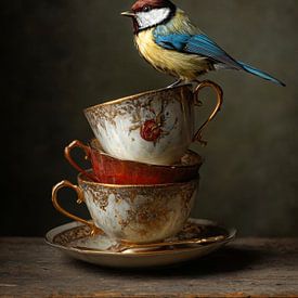 Vogel op gestapelde vintage kopjes van But First Framing