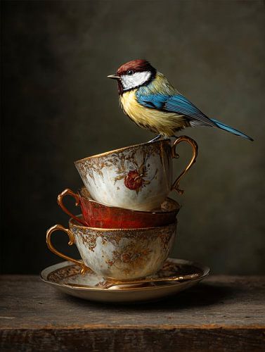 Oiseau sur des tasses vintage empilées