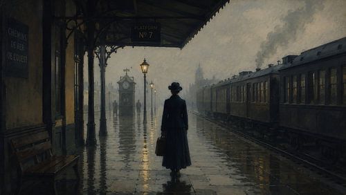 Olieverfschilderij van een regenachtig treinstation — Vintage wanddecoratie met Europese reisthema’s