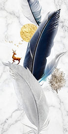 Plumes bleu marine et argentées, avec un soleil doré et un cerf sur fond de marbre sur Erik Iskandar