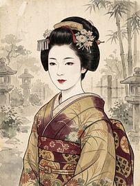 Anmutige Edo-Geisha, umgeben von Blumen und Bambus von my pixel art