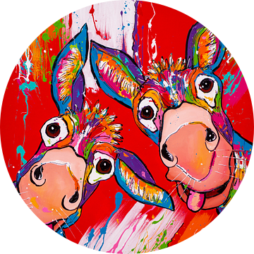 Grappige ezels in rood van Happy Paintings