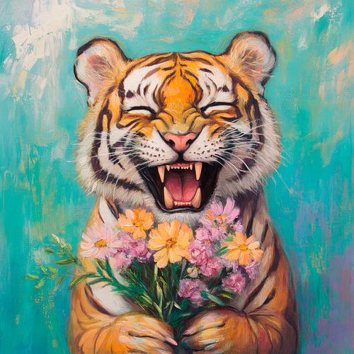 Lachende tijger met bloemen
