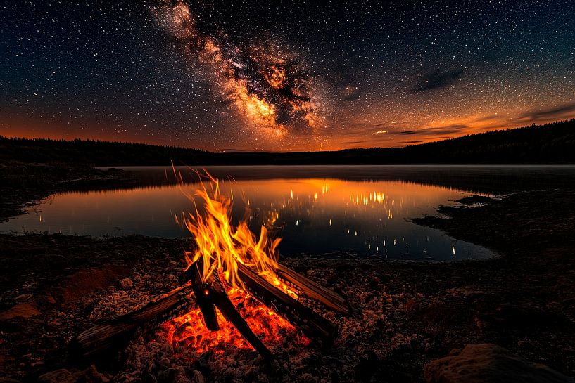 Campfire by the lake under the stars by Poster Art Shop