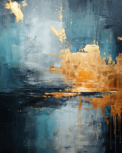 Modern abstract in blauw en goud van Studio Allee