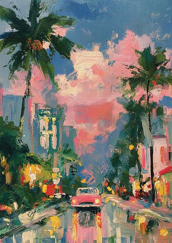 Rode oldtimer op een palmenlaan bij zonsondergang