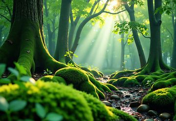 Moss-Covered Tree Roots and Stream in Sunlit Forest