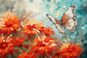 Abstrakter künstlerischer Hintergrund mit leuchtend rotem Pfauenschmetterling auf Chrysanthemen Blüten, im Ölfarben-Design