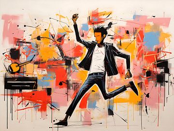 Homme au milieu d'une piste de danse peint par Basquiat sur PixelPrestige