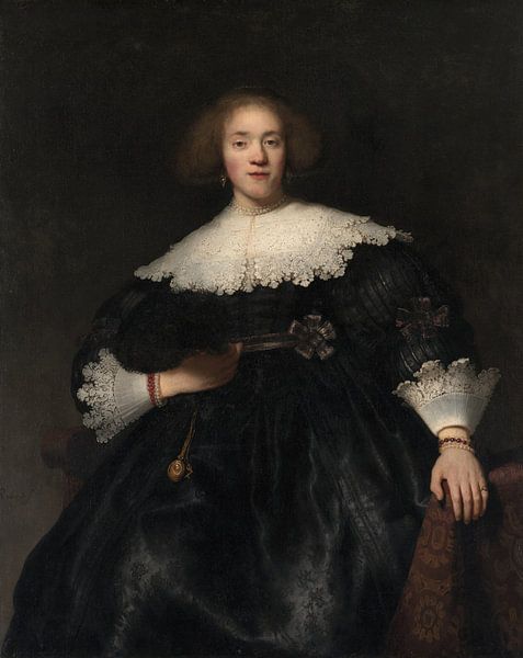 Portrait einer jungen Frau mit einem Fan, Rembrandt von Rembrandt van Rijn