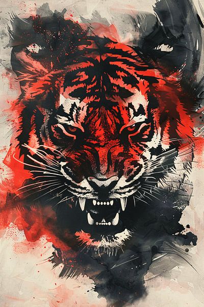 Dynamische abstracte tijger schilderij met felle kleuren van Art & Soul Creations