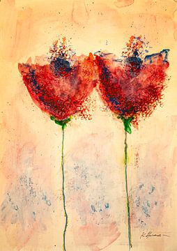 Two red poppies with long stems by Klaus Heidecker