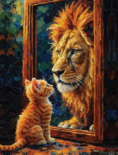 Innerlijke kracht Kitten Leeuw Reflectie Levendig Impasto Portret