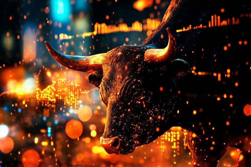 Stierenportret met vuurachtergrond van Poster Art Shop