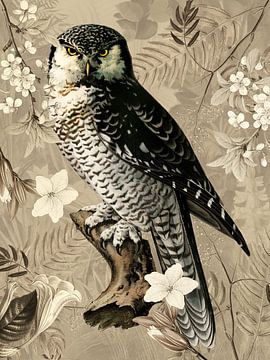 Hibou avec fleurs et plantes Beige Print sur Kjubik