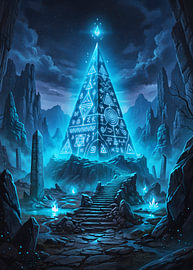 Glowing cyan runic pyramid monument atop stone stairs among rocky cliffs, obelisks, and spirit flames by Adam Khabibi