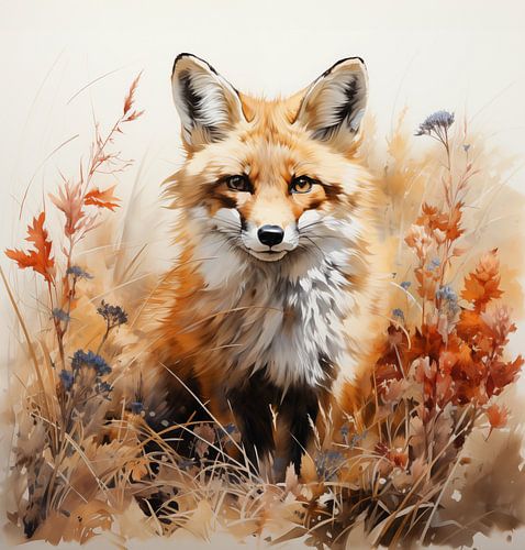 waterverf schilderij van een vossen welpje tussen oud dor hoog gras met enkele korenbloemen naast zich.
