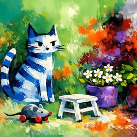 Chat bleu et blanc avec des pots de fleurs sur Linda de Klein