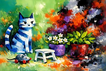 Blauwwitte kat met bloempotten